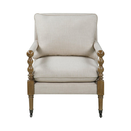 Close-up of beige upholstery and dark oak wood frame on Monaghan chair