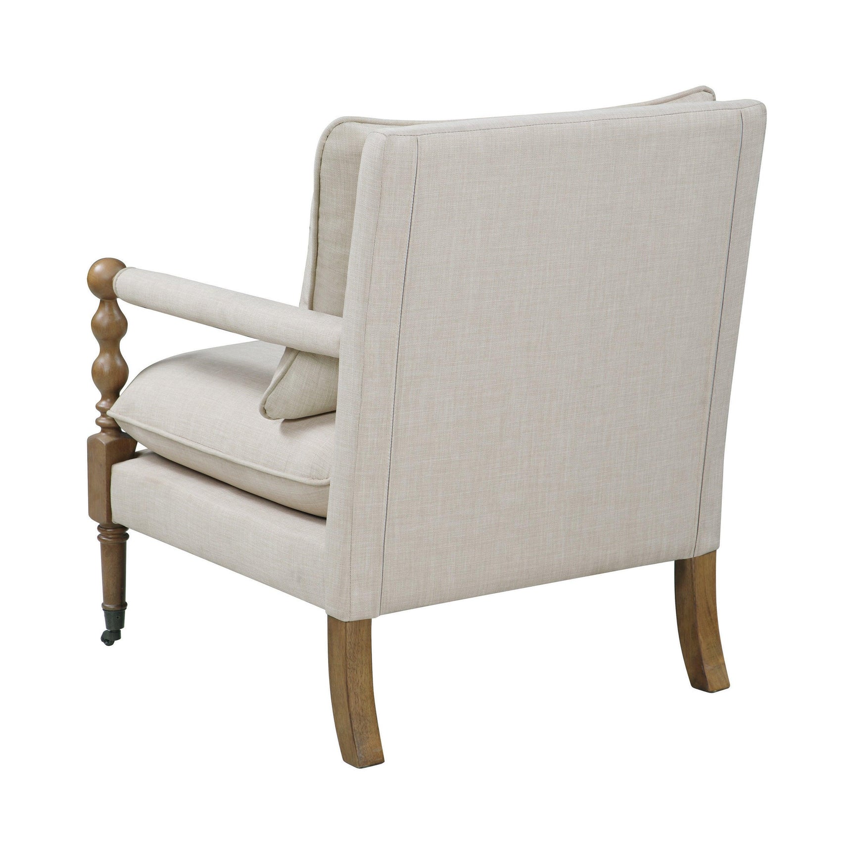 Angled view of Monaghan upholstered accent chair highlighting wood frame and casters