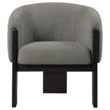 Valdez brown boucle upholstered barrel back accent chair angle