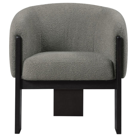 Valdez brown boucle upholstered barrel back accent chair angle