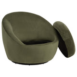 Side angle of Myernick olive velvet swivel accent chair