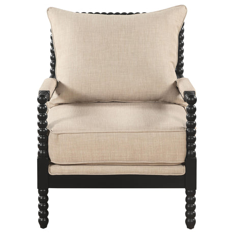 Close-up of textured beige upholstery on Blanchett chair