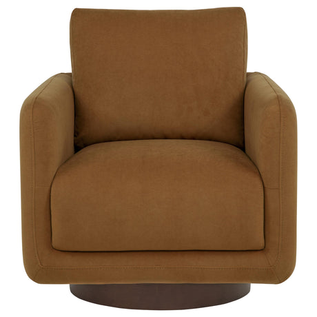 Close-up of fabric upholstery and stitching on Iris swivel chair arm