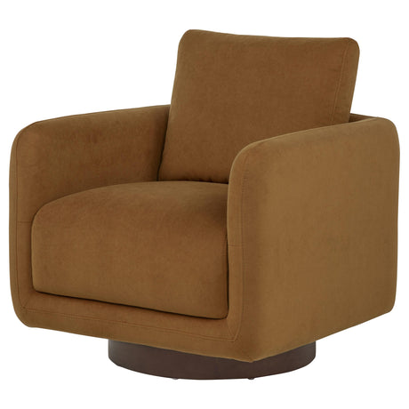 Circular coffee brown wood base of Iris swivel accent chair
