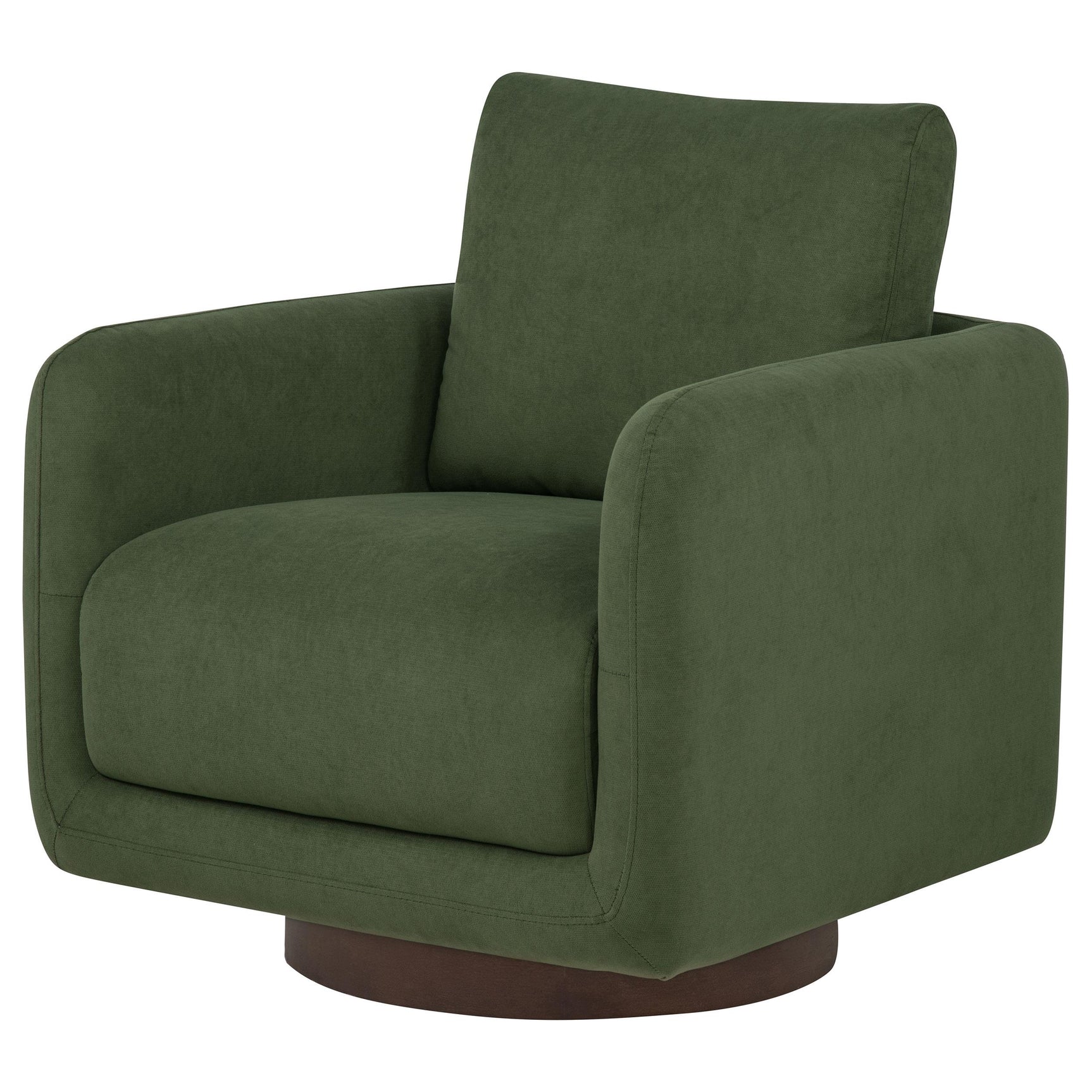 View of circular coffee brown wood swivel base