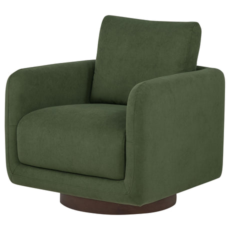 View of circular coffee brown wood swivel base