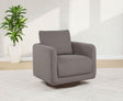 Iris swivel accent chair showing circular coffee brown wood base