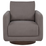 Side view of Iris fabric upholstered swivel accent chair