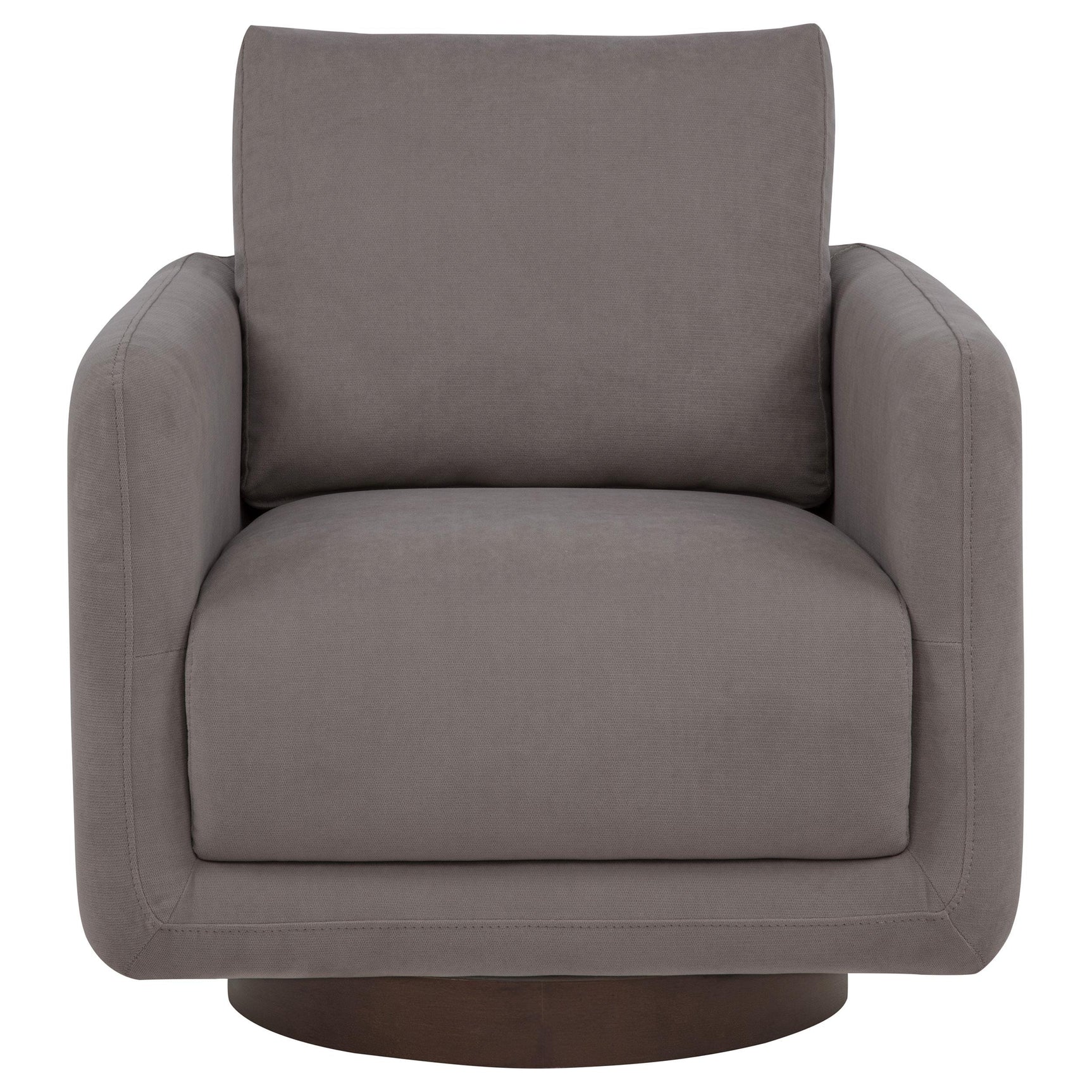 Side view of Iris fabric upholstered swivel accent chair