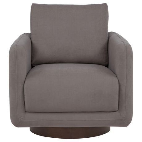 Side view of Iris fabric upholstered swivel accent chair