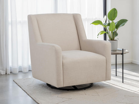 Sorrel swivel glider chair side view with latte fabric upholstery