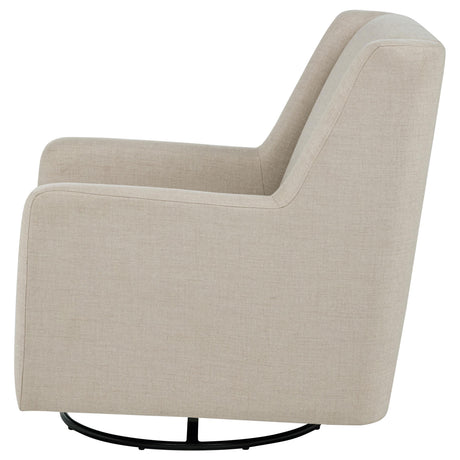 Tall backrest and sloped arms of Sorrel swivel glider chair