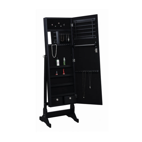 Open jewelry storage behind Tutuola cheval mirror