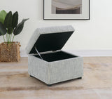 Grey fabric cushioned ottoman side angle