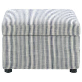 Winter upholstered storage ottoman angle view