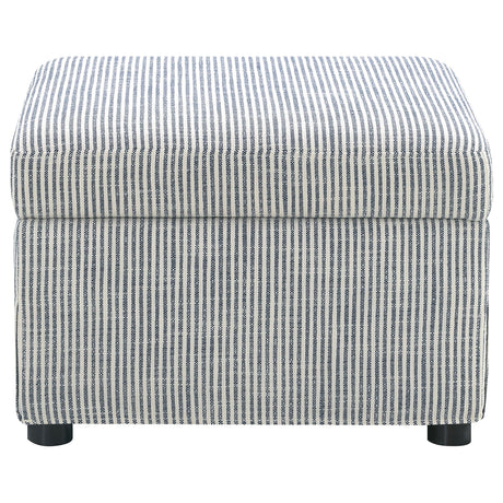 Winter upholstered storage ottoman angle view