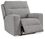 reclining view of Biscoe Pewter Textured Nuvella Power Recliner recliner