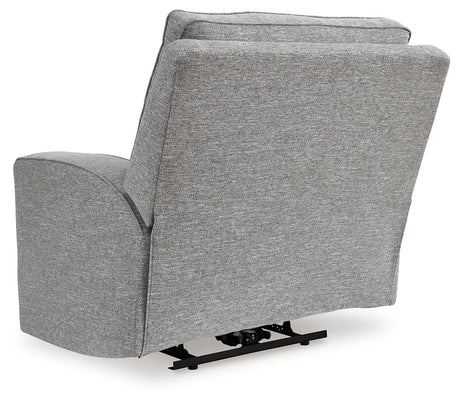 reclining view of Biscoe Pewter Textured Nuvella Power Recliner recliner