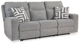 Biscoe Pewter Textured Nuvella Power Reclining Sofa angled closed reclining position
