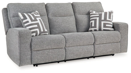 Biscoe Pewter Textured Nuvella Power Reclining Sofa angled closed reclining position