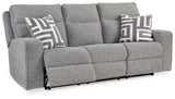 Biscoe Pewter Textured Nuvella Power Reclining Sofa angled open reclining position