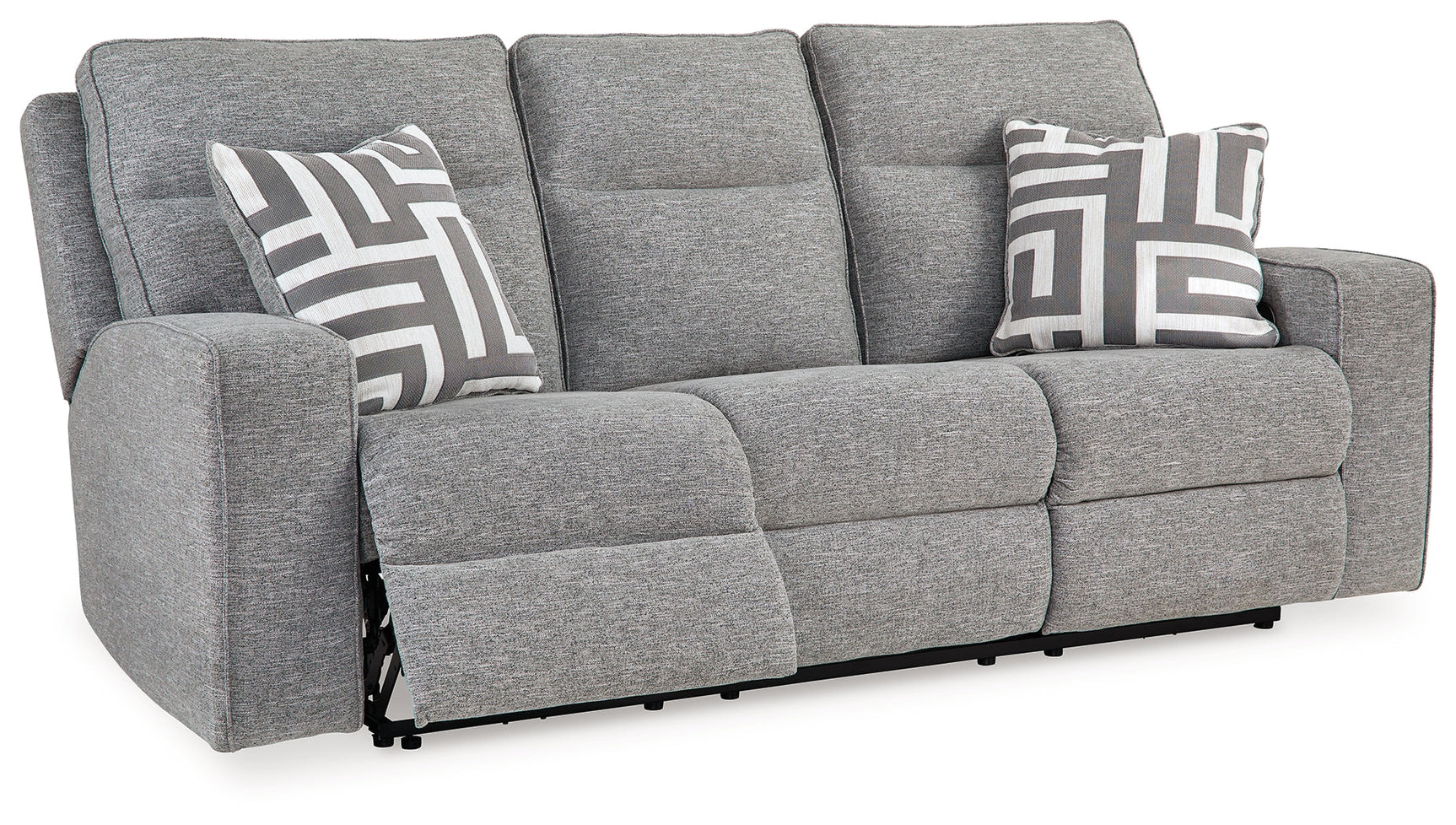 Biscoe Pewter Textured Nuvella Power Reclining Sofa angled open reclining position