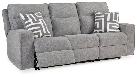 Biscoe Pewter Textured Nuvella Power Reclining Sofa angled open reclining position