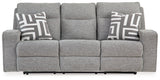 Biscoe Pewter Textured Nuvella Power Reclining Sofa head-on side view