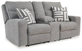 Side angle of Biscoe Power Reclining Loveseat in pewter fabric