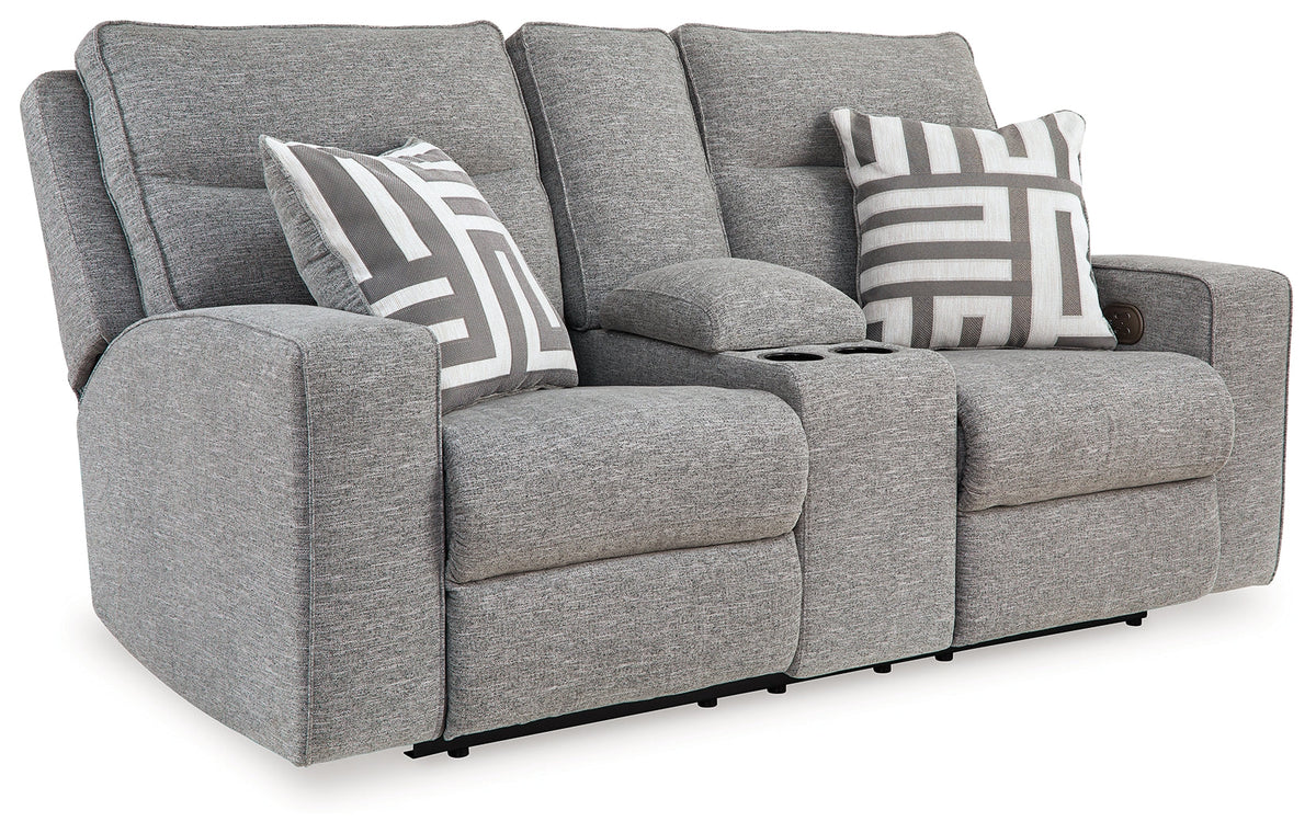 Side angle of Biscoe Power Reclining Loveseat in pewter fabric