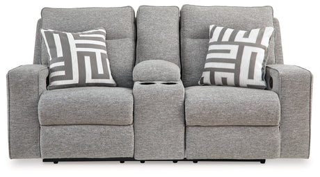 Head-on view of Biscoe Power Reclining Loveseat with adjustable headrest