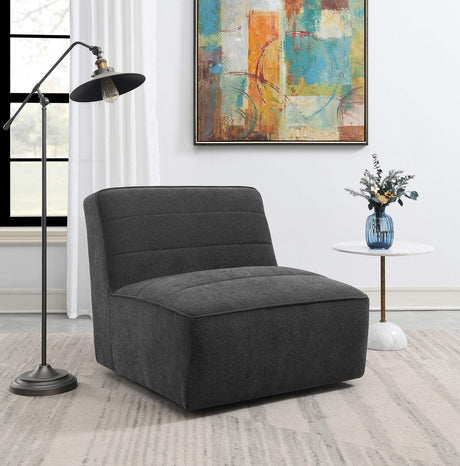 Cobie Upholstered Armless Swivel Chair front view in dark charcoal