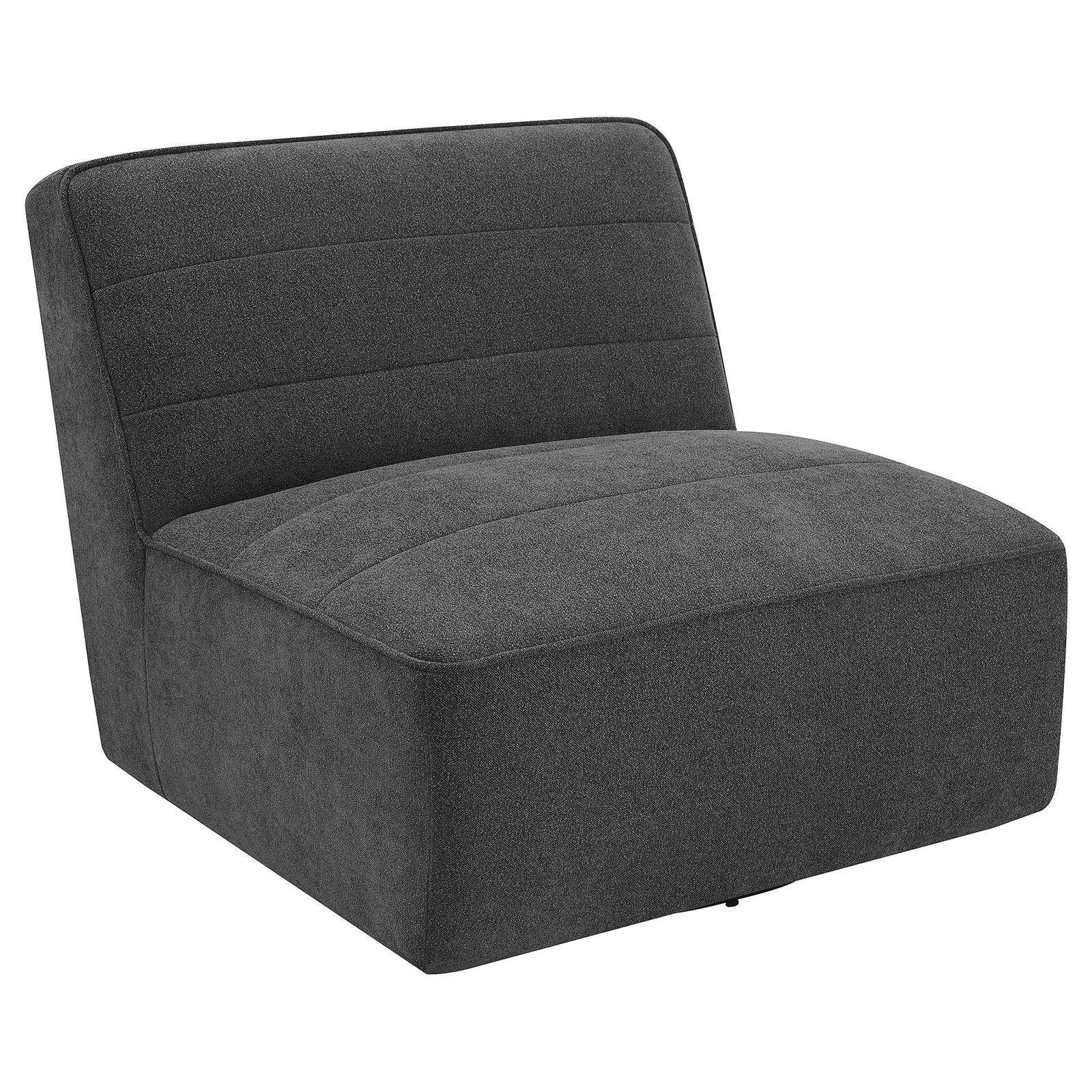Cobie Armless Swivel Chair side profile showing metal base and upholstery