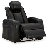 reclining position of Caveman Den Midnight Faux Leather Power Recliner