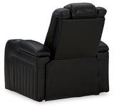 back reclining view of Caveman Den Midnight Faux Leather Power Recliner