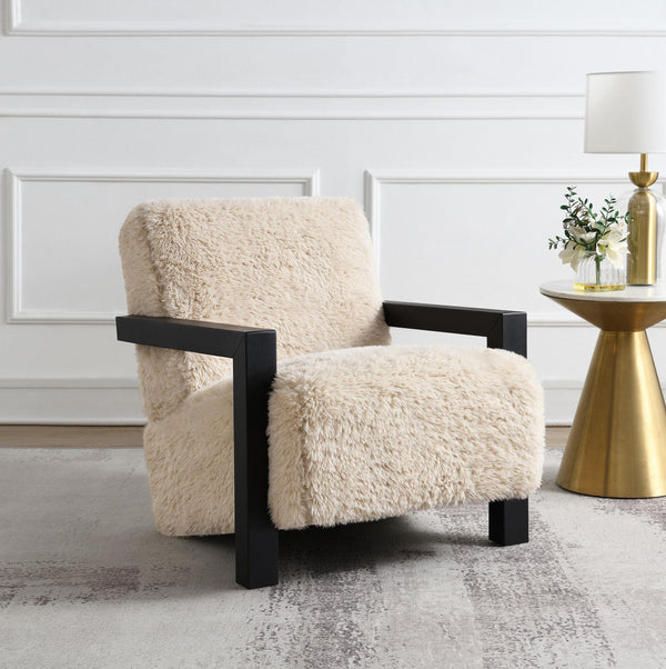 Side angle of Fitzroy accent chair showing solid wood arms