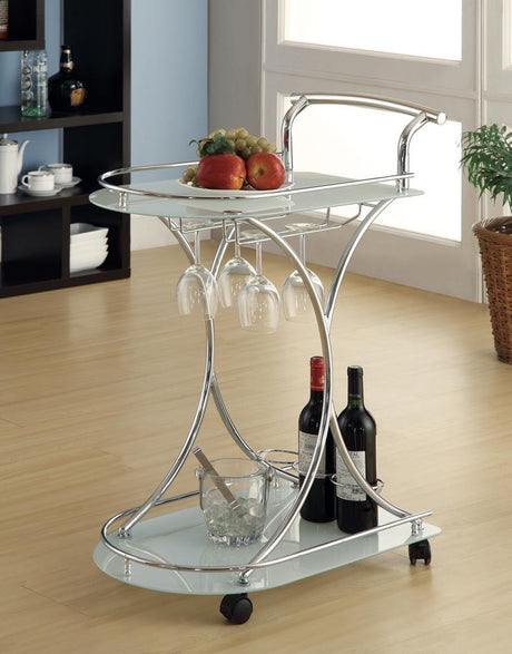 Elfman white and chrome serving cart front angle