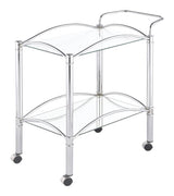 Chrome serving cart showing two-tier storage with glass and mirrored shelves