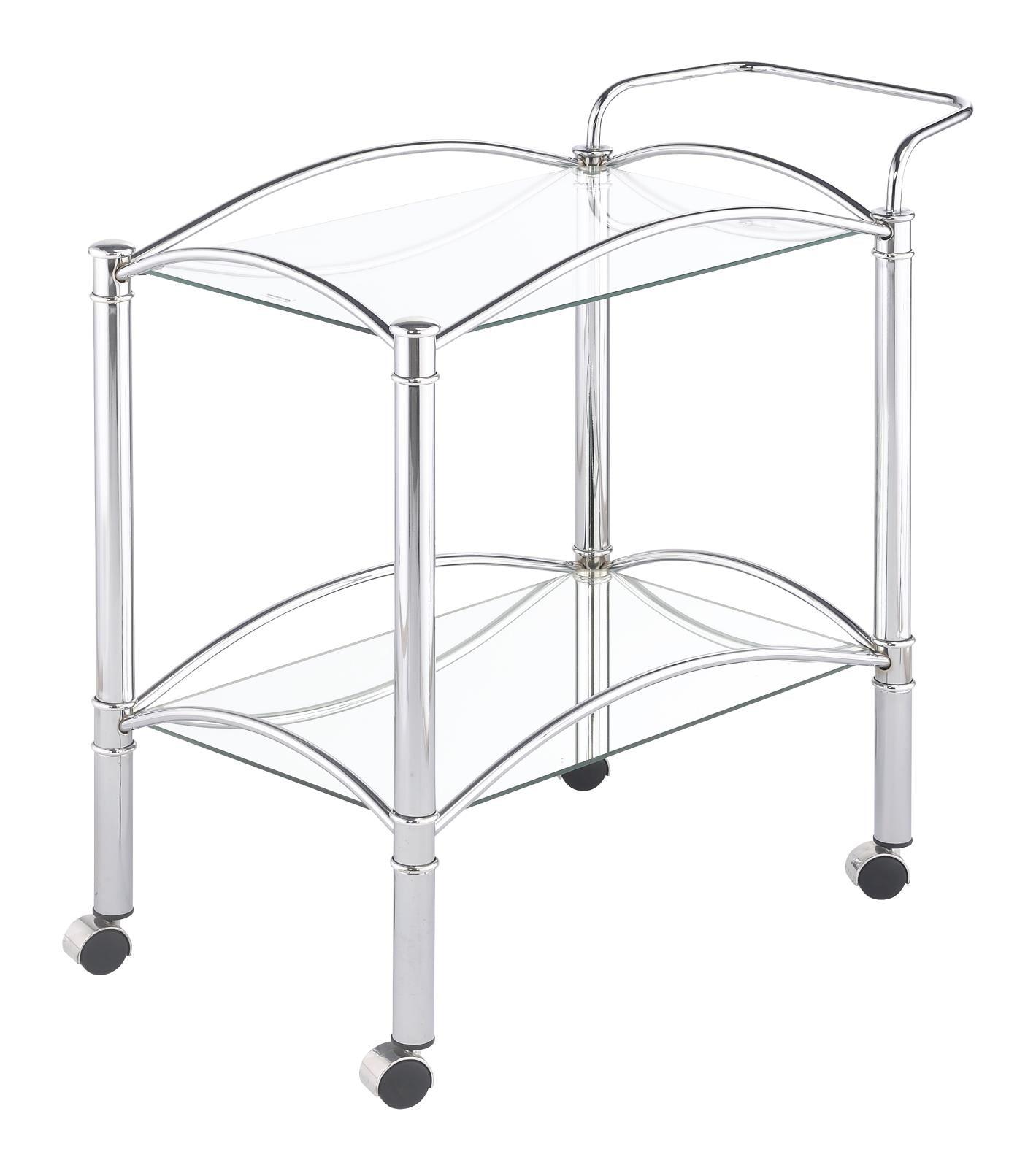 Chrome serving cart showing two-tier storage with glass and mirrored shelves