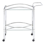 Side angle of chrome 2-tier serving cart with casters