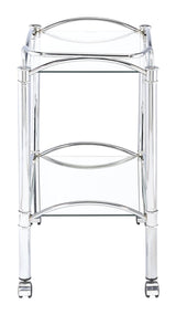 Modern chrome serving cart with tempered glass top and mirrored shelf