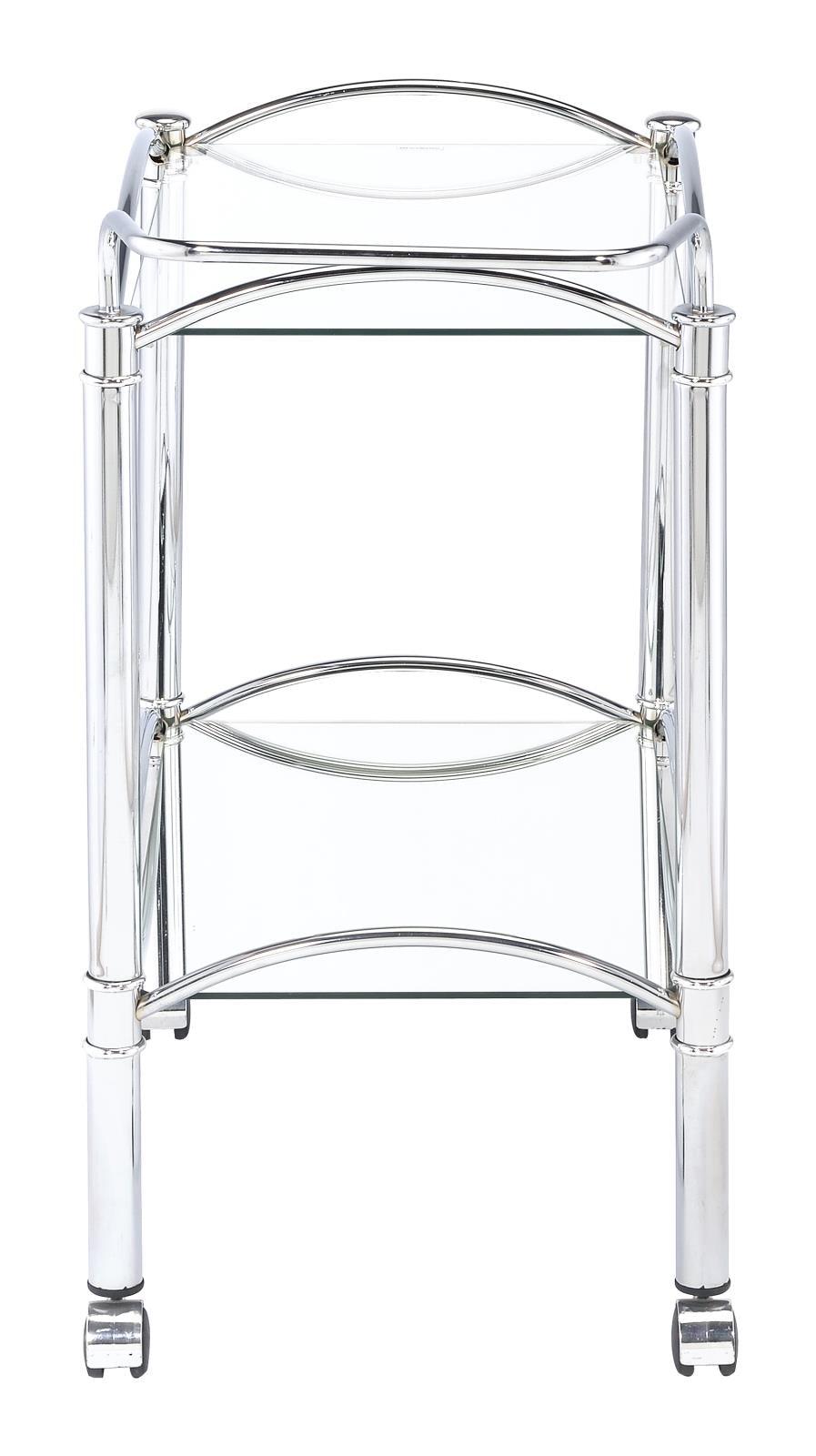Modern chrome serving cart with tempered glass top and mirrored shelf