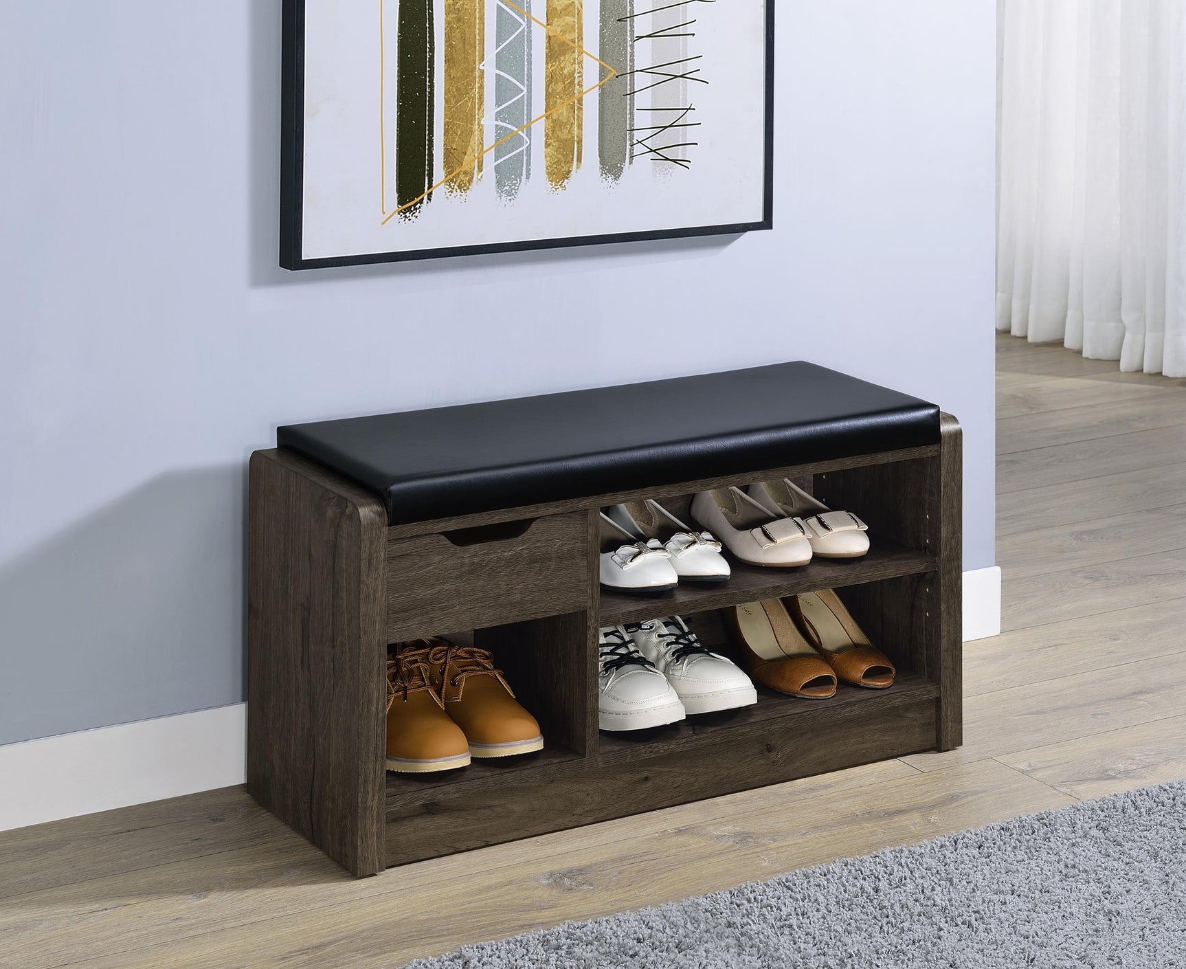Arrington Storage Bench Smoked Oak side angle showing drawer