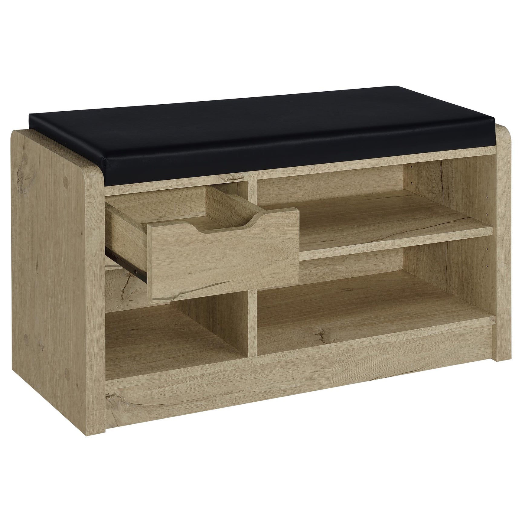 Side angle of Arrington Storage Bench highlighting adjustable shelf