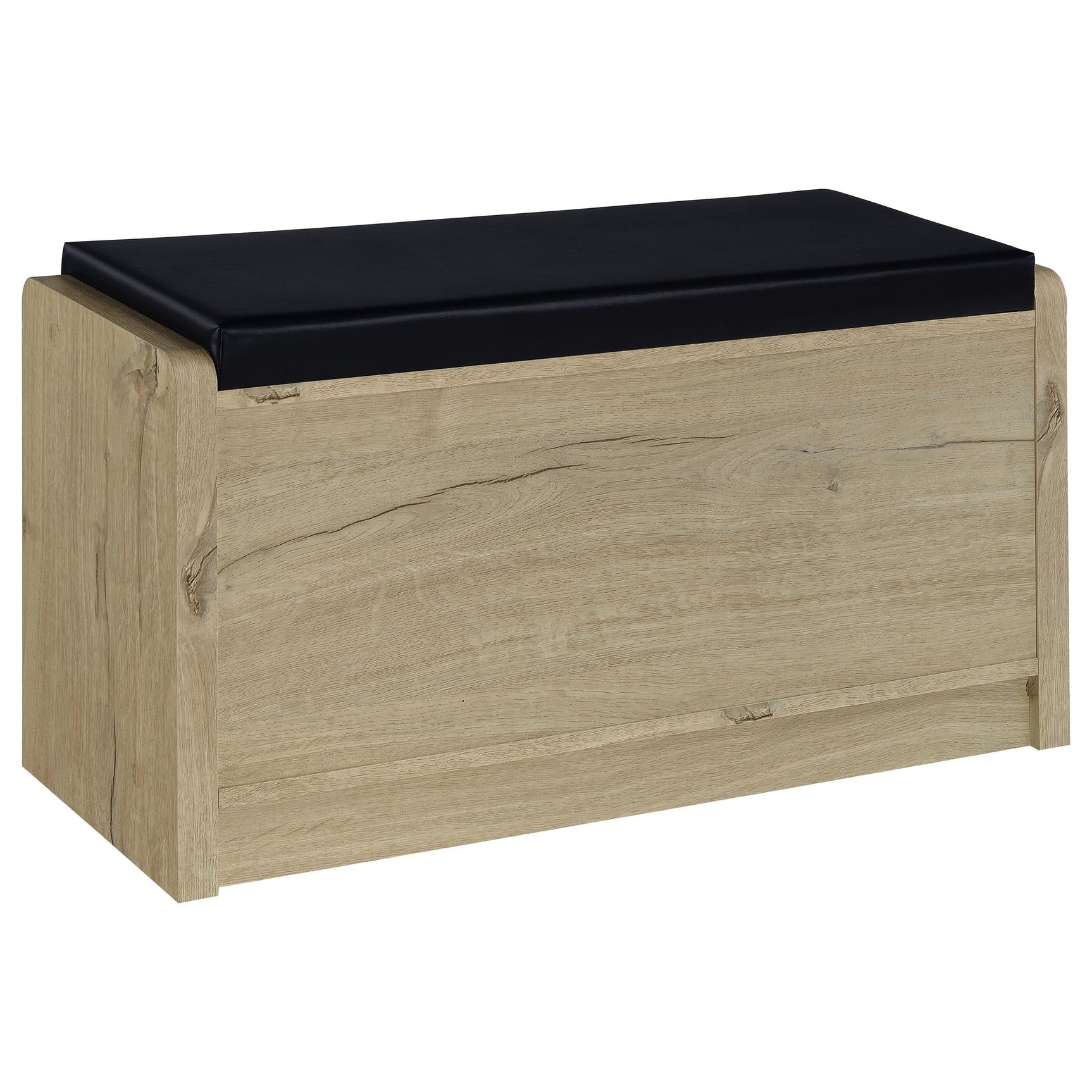 View of fixed and open shelves inside storage bench