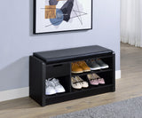 Side view of Arrington storage bench showing pull-out drawer