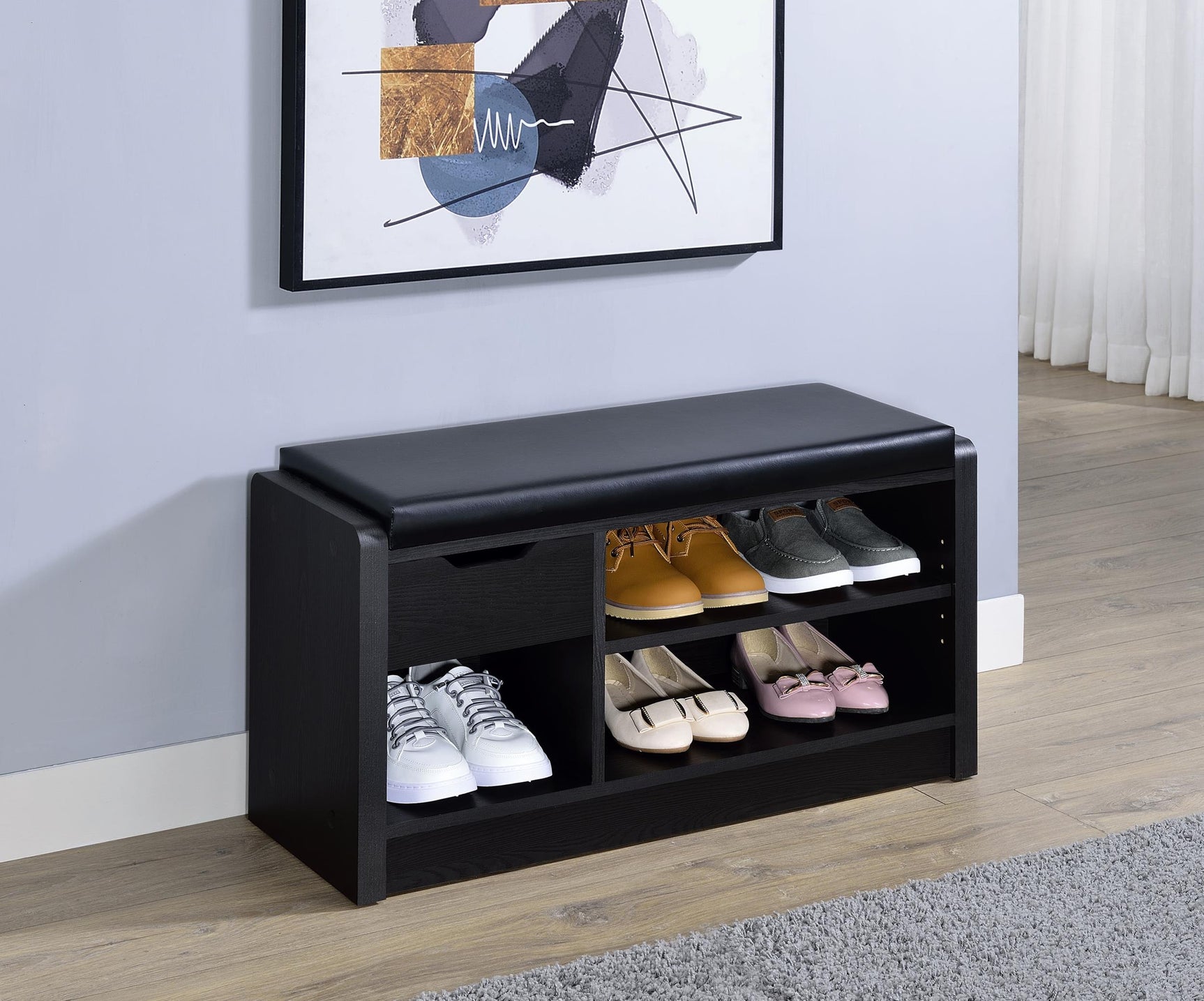 Side view of Arrington storage bench showing pull-out drawer