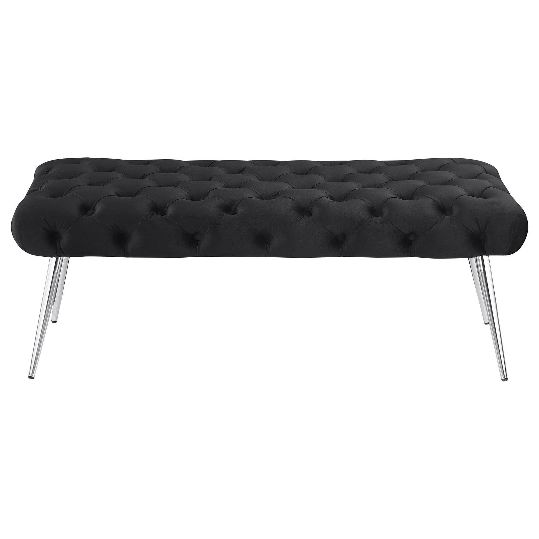 Side profile of Ella bench showcasing slender metal legs
