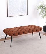 Ella Upholstered Tufted Bench showing metal legs, side angle