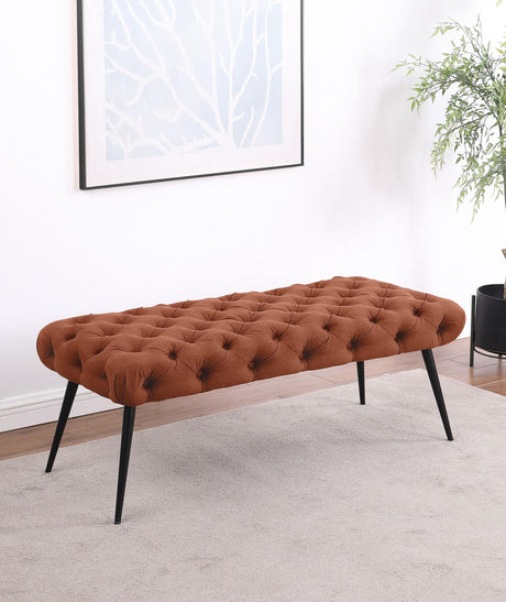 Ella Upholstered Tufted Bench showing metal legs, side angle